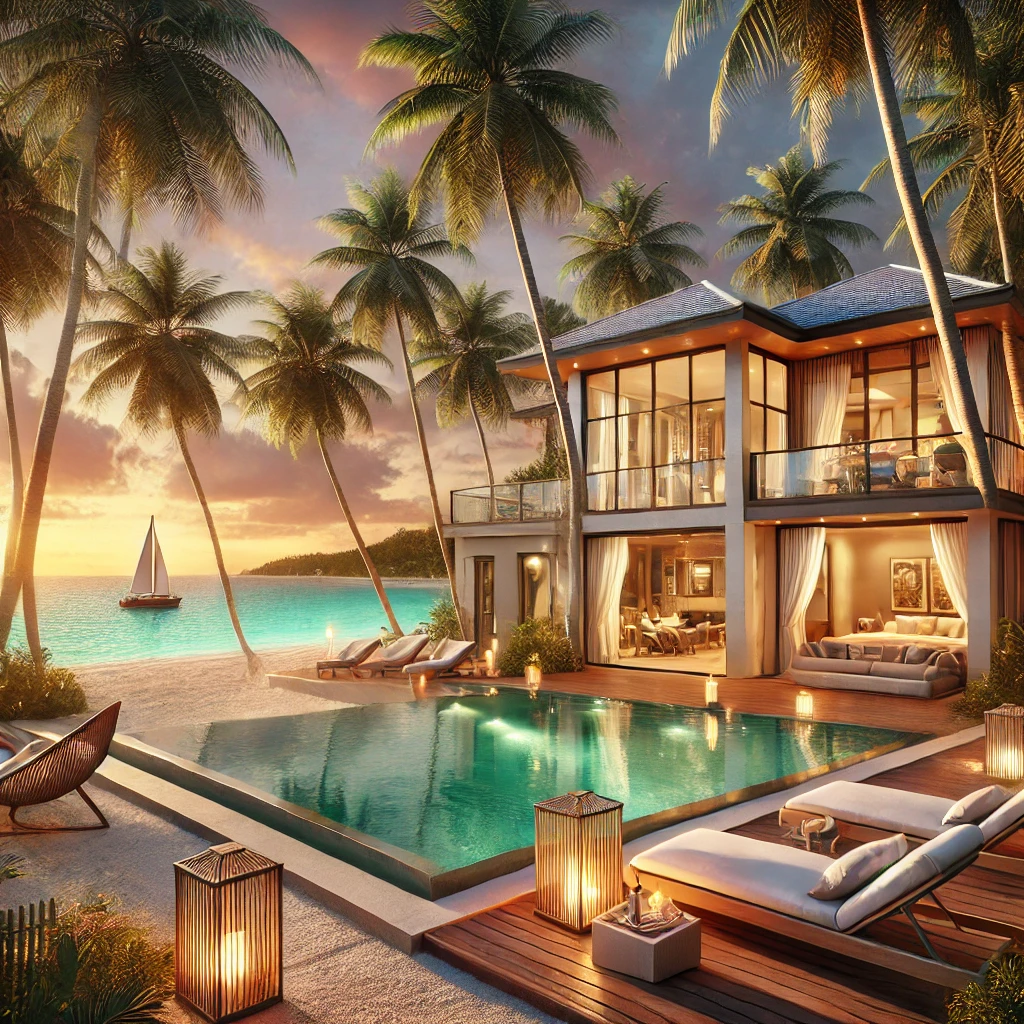 DALL·E 2024-09-25 17.56.19 - A serene vacation property scene showcasing a luxurious beachfront villa surrounded by palm trees. The villa features large glass windows, a spacious