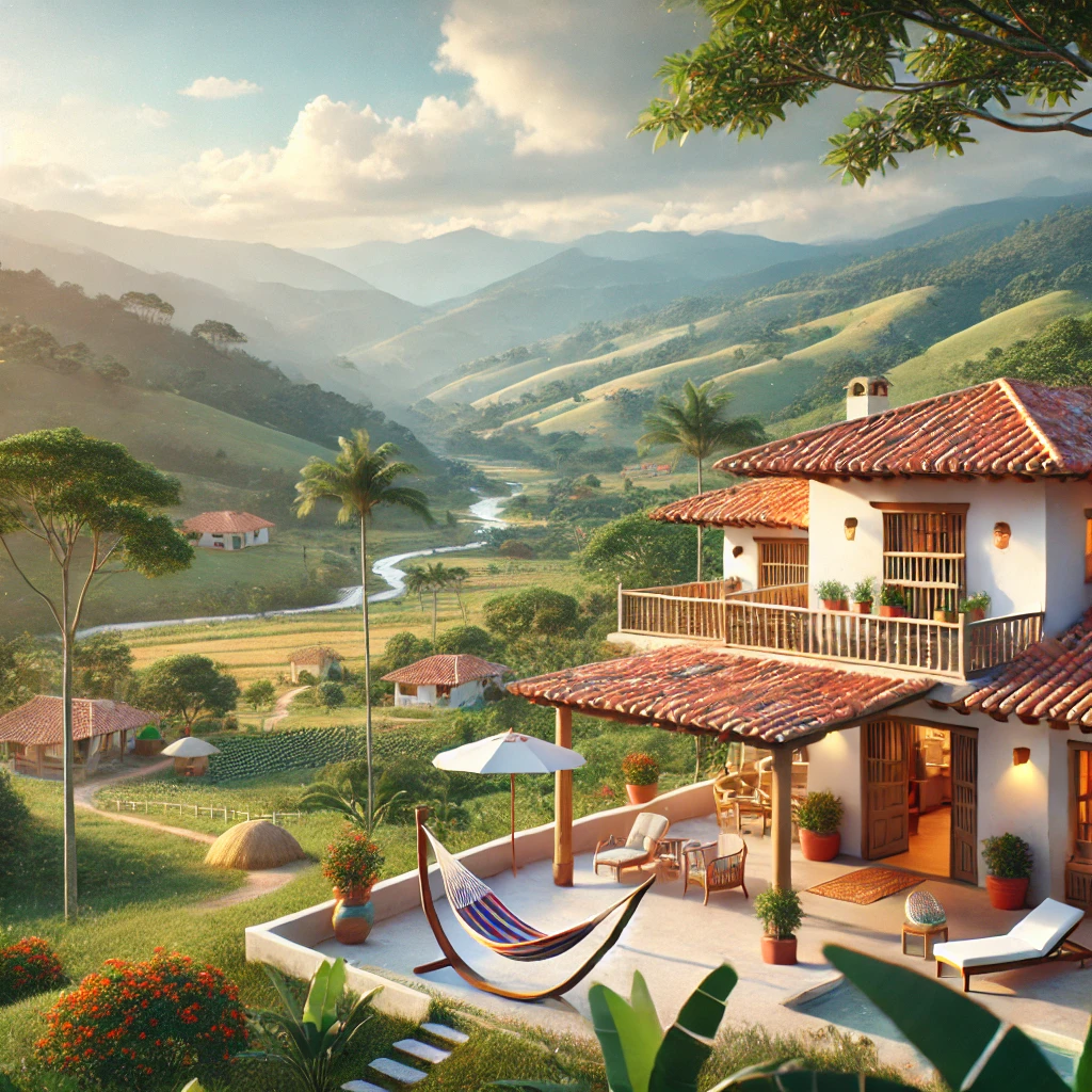 DALL·E 2024-09-25 17.56.47 - A serene vacation property inspired by Colombian landscapes. A luxurious villa with a mix of traditional colonial architecture and modern design is se